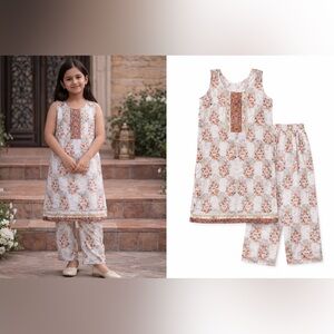 Girls Floral Matching Set — White and pink foral  Kurta with Pants Eid outfit